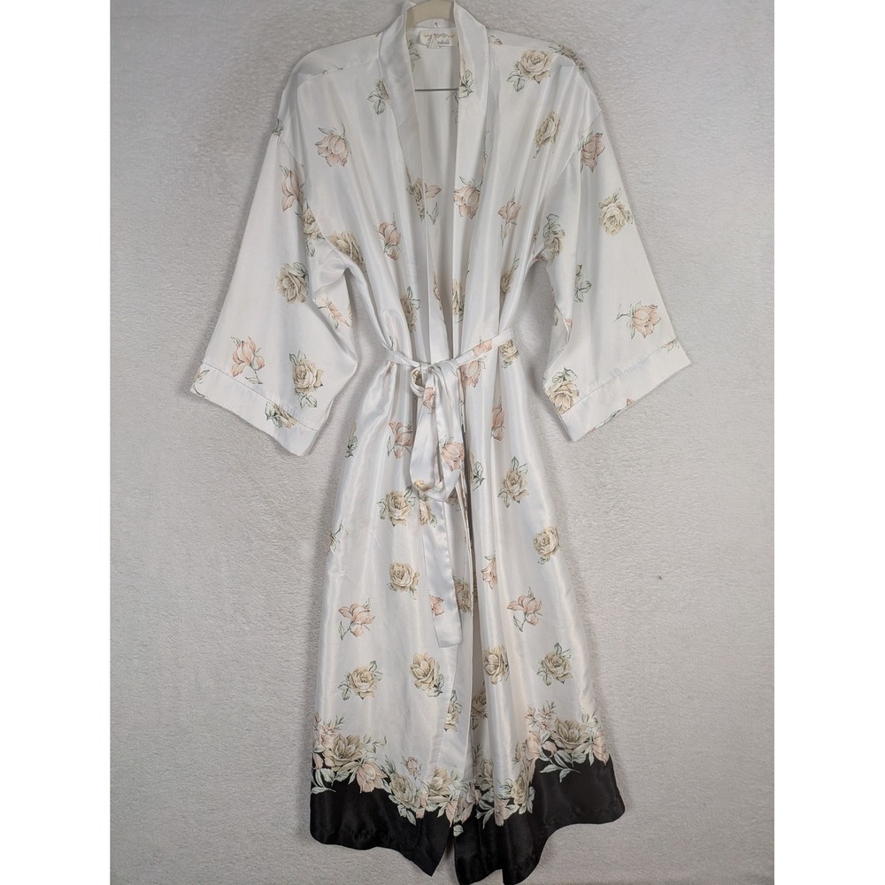 Dentelle Floral Robe Women's S White Pink Satin Long Sleeve Belted